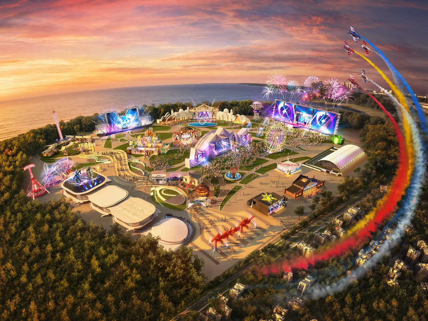 Vista aérea da Cidade do Rock ao entardecer, com os palcos e a roda-gigante do Rock in Rio